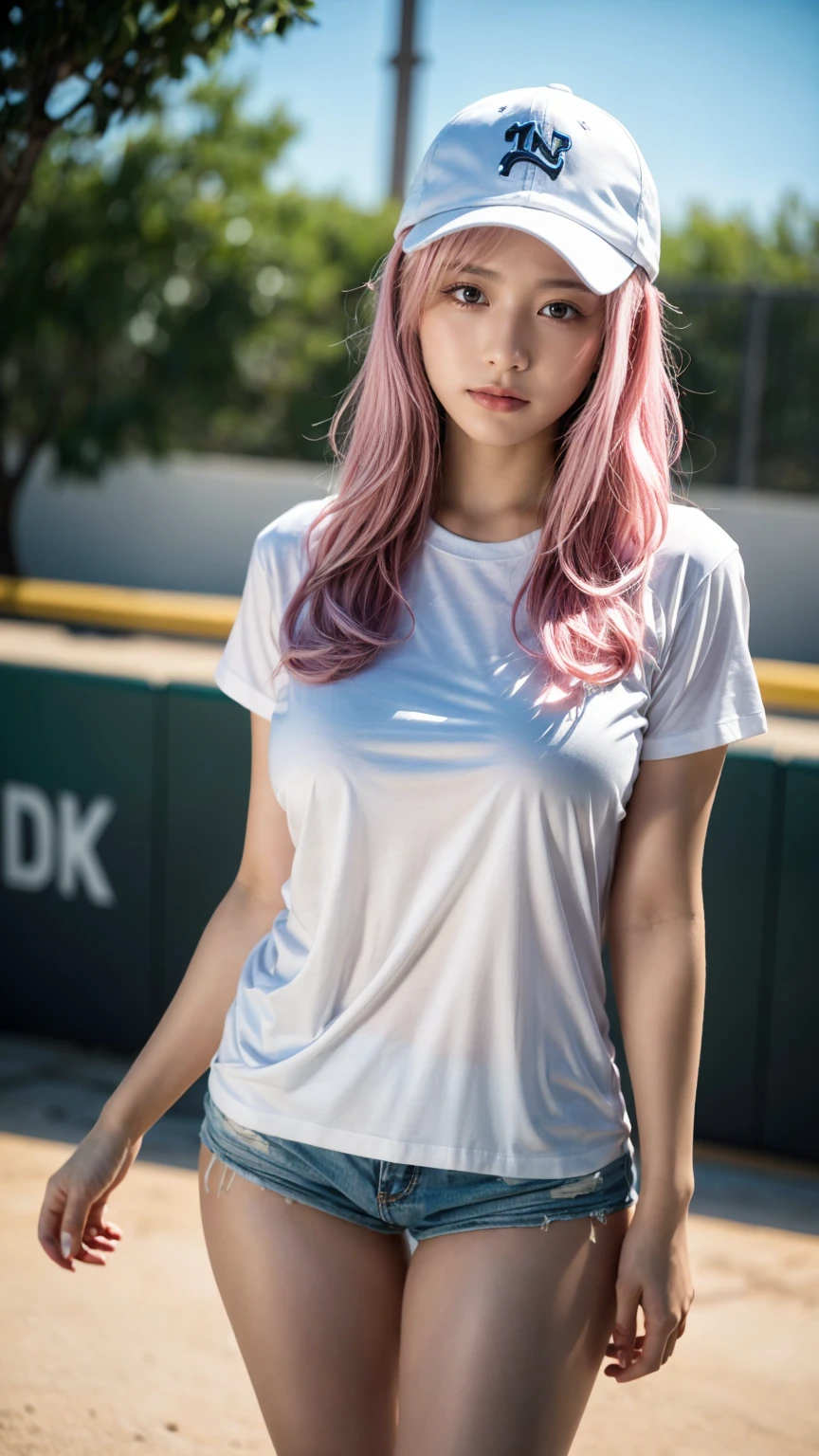 21yo girl,pink hair,long hair, wearing oversize white t-shirt, hot pants, wearing a baseball cap, natural big breast, show big thigh, plump body, single sidelock hairpin blush modern cinematic lighting,ray tracing,drop shadow wide shot UHD,textured skin,high details,best quality 4K, (from below:1.2), (realistic:1.1), (surreal:1.2), (very detailed:1.1)