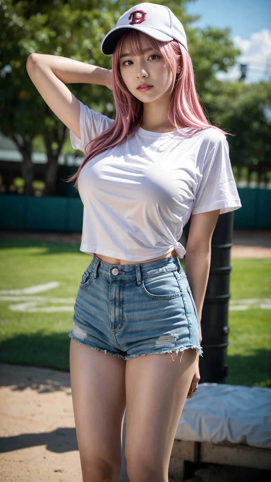 21yo girl,pink hair,long hair, wearing oversize white t-shirt, hot pants, wearing a baseball cap, natural big breast, show big thigh, plump body, single sidelock hairpin blush modern cinematic lighting,ray tracing,drop shadow wide shot UHD,textured skin,high details,best quality 4K, (from below:1.2), (realistic:1.1), (surreal:1.2), (very detailed:1.1)