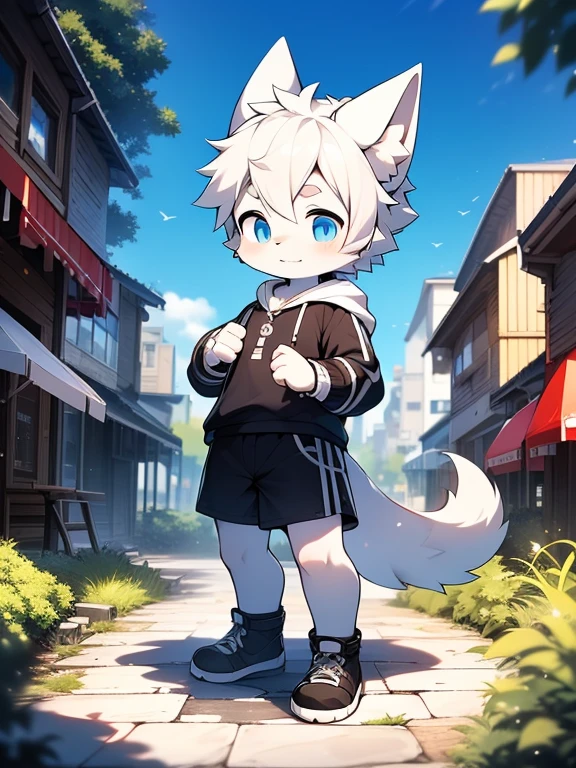 （best quality, Extremely detailed），juvenile，Furry wolf，((Big blue eyes，Watery))，((Shota)), （(Black and white hair)）, Good figure, Handsome，cute, Light：极致Light影, 反Light皮肤,Reddish skin，The ultimate face，Sideways，Greeting the audience shyly，((Worn black clothes，Commoner)，Black sports shorts with white trim，White socks)，（Black sneakers，The left hand wears the watch） ，((Deep in the city park，Cobblestone Road，Next to the pool，Alone))，Outdoor sunset，((detail))，（Depth of Field），stand up，Height 1.7m，full-body shot
