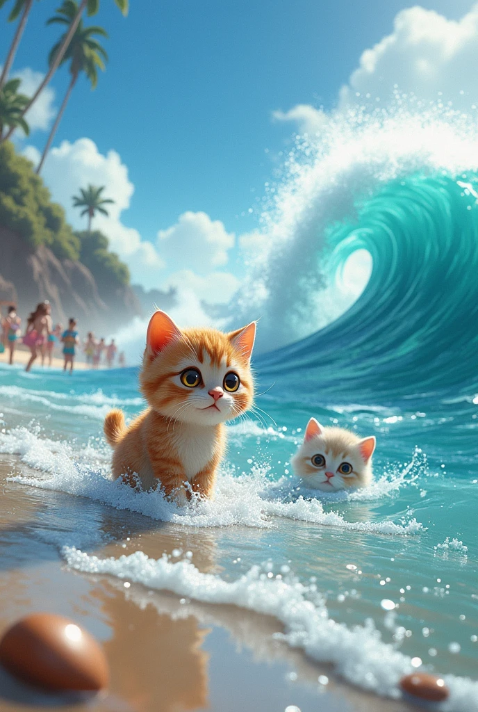 As the party continued, kitten Lily, curious and adventurous, wandered closer to the water's edge. The waves, gentle at first, began to grow stronger. Suddenly, a large wave crashed onto the shore, sweeping Lily into the sea. She cried out in fear, her tiny voice barely audible over the roar of the ocean.

 Kitten 
Leo, who had been playing with a seashell, looked up and saw his sister struggling in the water. Panic filled his heart as he realized what was happening. He started crying, his  trembling with fear.
