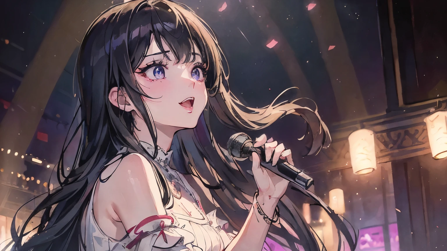 ((masterpiece)), Highest quality, (8k, Highest quality, masterpiece: 1.2), Very detailed, A woman singing in the Great Sanctuary、Black Hair、Long Hair、Dark purple blouse shirt(Short sleeve)、bracelet、Pink Lips、Big eyes、Double eyelids、Beauty、Beautiful Eyes、singer、stage、Spot Light、Gorgeous lighting、Sad expression、Highest quality、最高masterpiece、Extremely detailed、Whole body composition、Front angle、Singing with wide open mouth、smile、cool、Front composition、Age 25、Upper body close-up、Beautiful light、White lighting、Dazzling Light