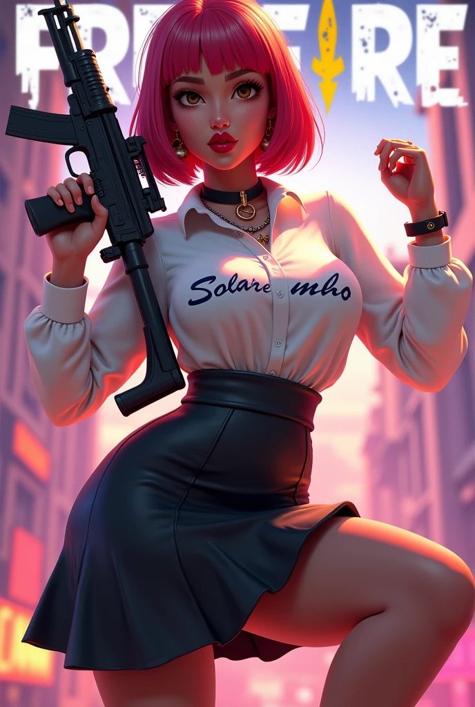 Freefire game style character all stylish, of skin jambo, short medium copper red hair, dark brown eyes, wearing red lipstick, wearing a white blouse with the name SOLENE and a black skirt, high white shoes, holding an mp5 and making a very beautiful pose, with colored background and the name of the game FREEFIRE behind.