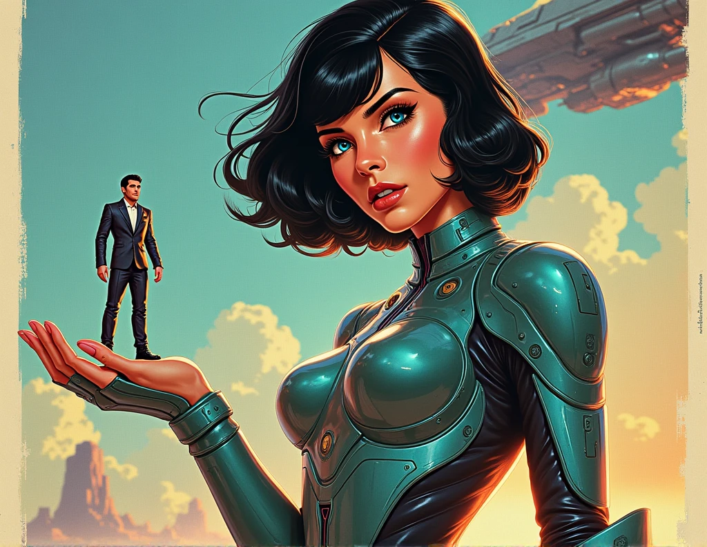 comic book art, cores vintage, Women&#39;s Galactic Army, black hair, at shoulder height, blue colored eyes, high-tech armor, science fiction spaceship she holds in the palm of her hand a tiny human man in futuristic clothes