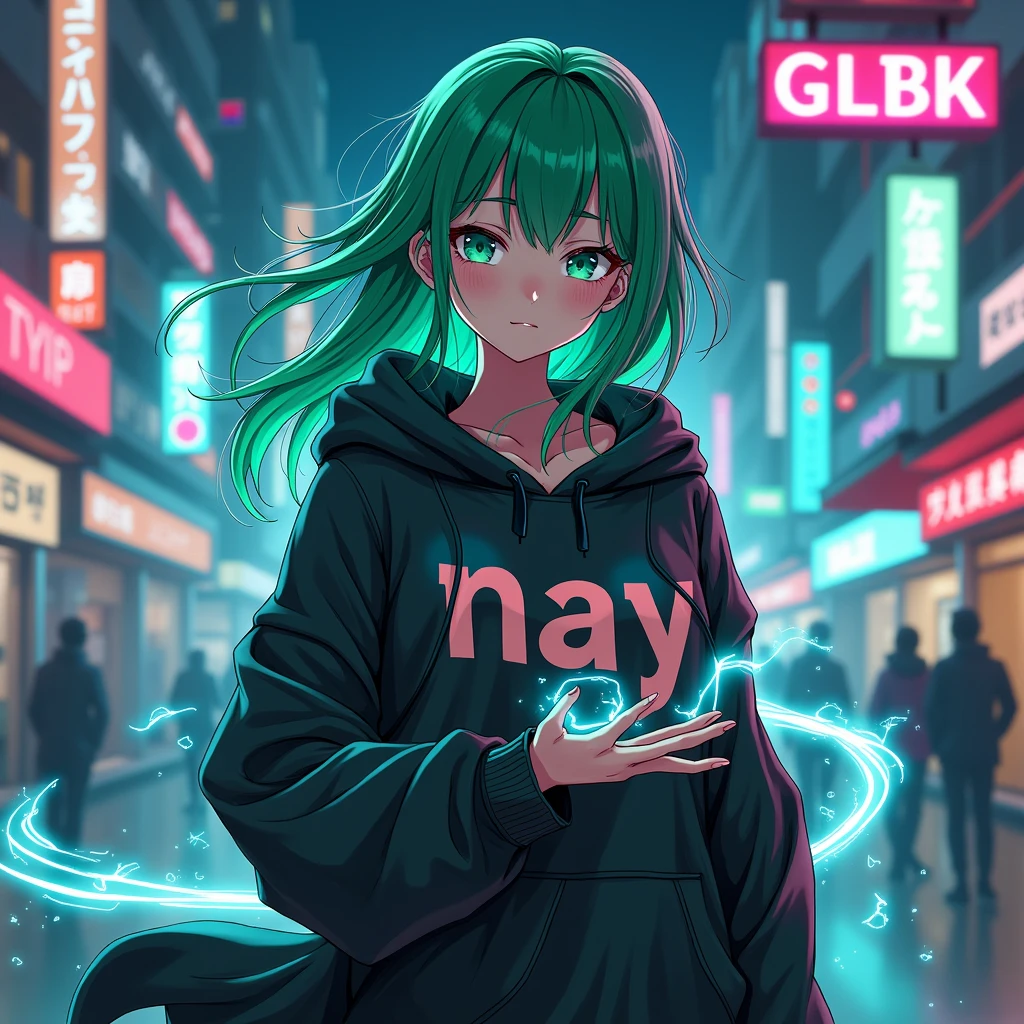 Create a character anime, {background: capital text: “GLBK” in right-top, night city}, tanned skin,
realistic, HDR, beautiful, japan style, full body, use magic, age 20, hoodie HD text: “Nay”, female, green hair