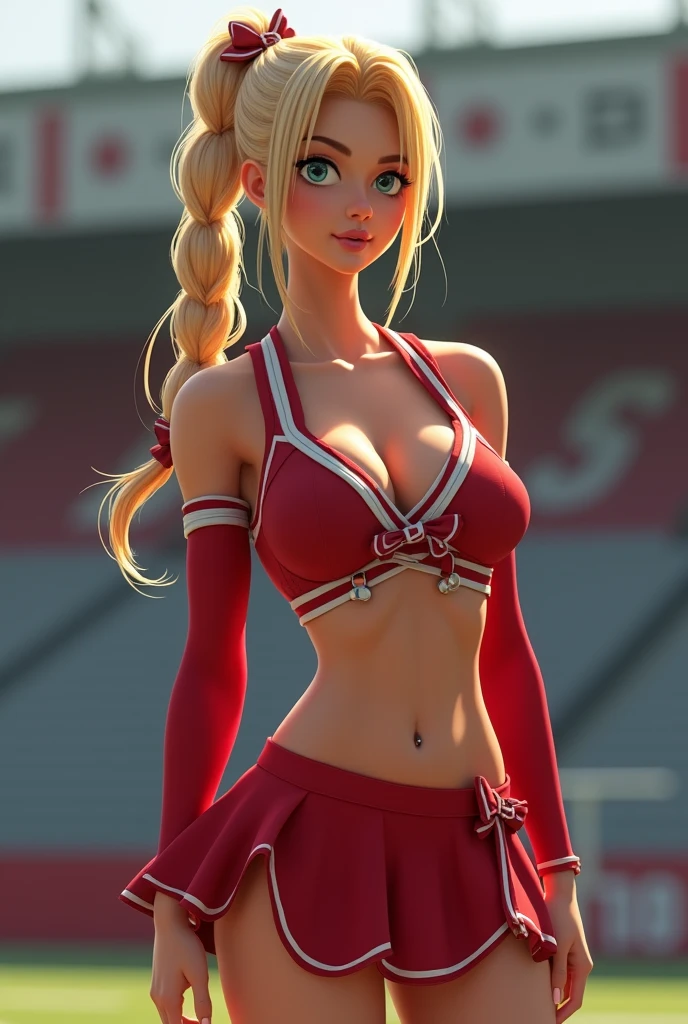 1 very young looking skinny girl in shot posing , very slim tight skinny super model bod, 16y,long braided ponytail blond, in a high school stadium, wearing a sexy escort high school satin cheerleader uniform bare shoulders with sleeves with cheerleader miniskirt with bows, very toned abs with navel piercing, 16y face, big silicone tits and bare cleavage, flirting