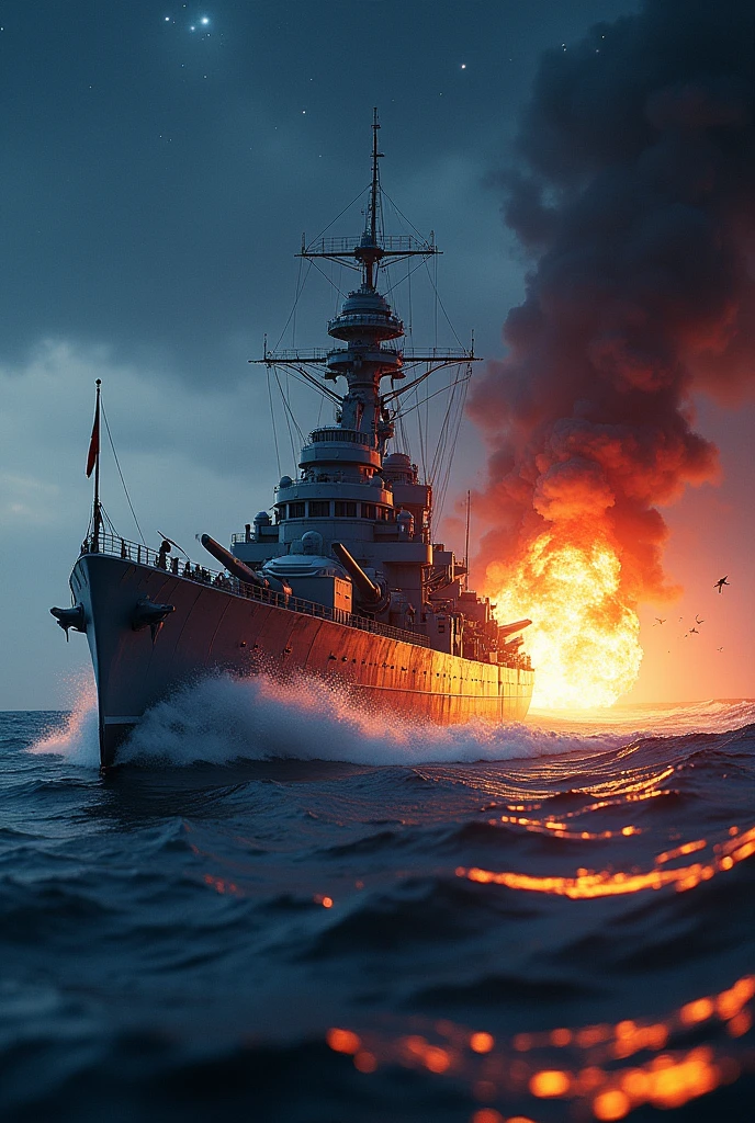 A realistic photo of the battleship Mikasa during the Russo-Japanese War, Celestial, Cinema Lighting, Vivid lighting、View from the right oblique top、A bomb hit the bridge and exploded.