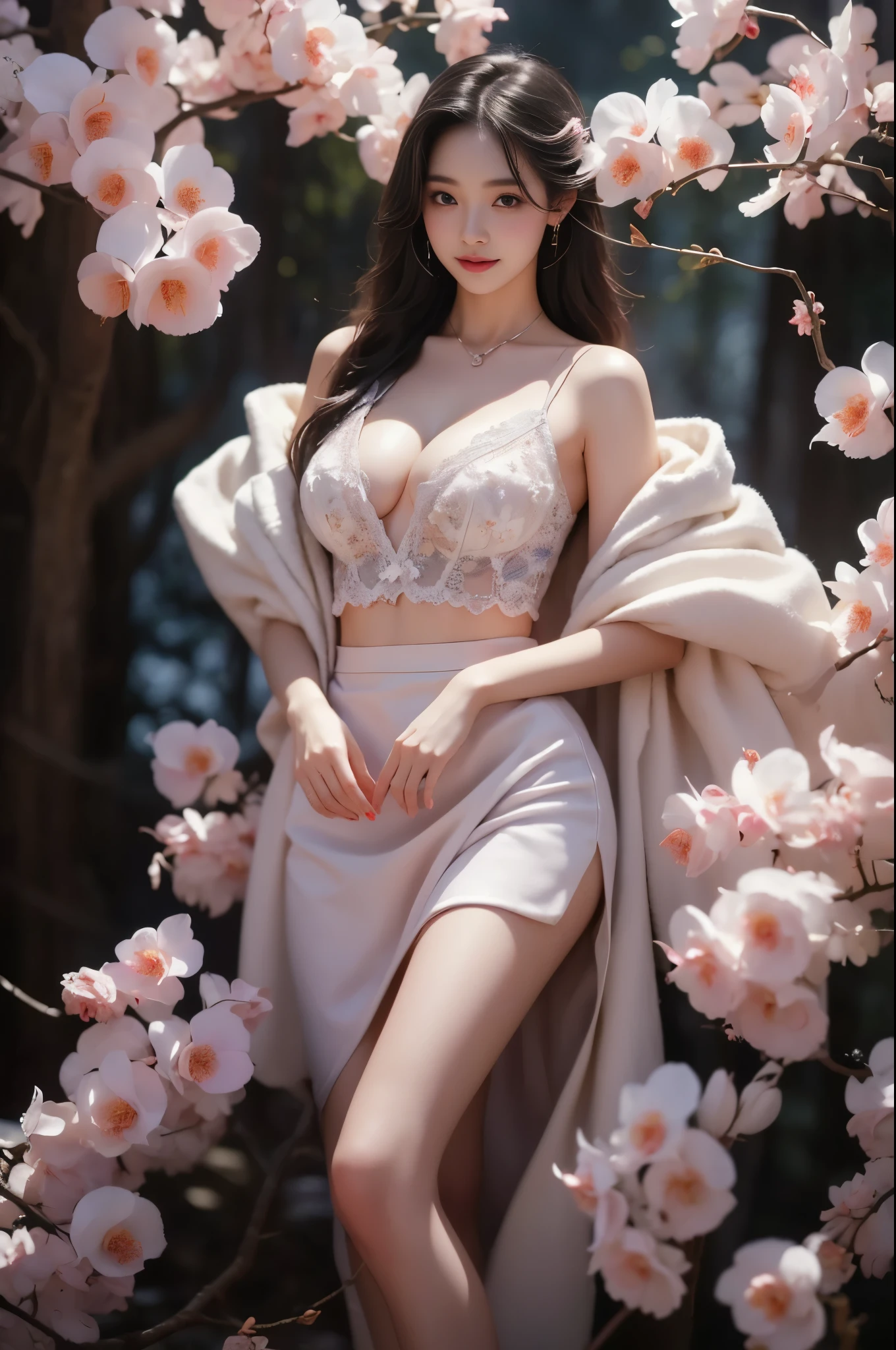 virgin killer outfit（quality improvement：1.4），1girl, Full breasts，Visible cleavage，Sexy long legs，The skirt is short，She gently lifted her skirt with one hand,Surrounded by white Phalaenopsis orchids，Lilac dendrobium、White Lily, Flying petals，（Top quality leather), Delicate face,Black Hair, Gradient hair, Body,（Body1.1）, He has a precious gem on his forehead., Shining Student，Long eyelashes,Smile, Surrealism, Movie Lighting, Projection Insertion, Surrealism, Ultra HD, masterpiece，lie，Keep dreaming，Open your legs slightly.，Tattoo，Fantasy Space，Luxurious space，Exquisite makeup，Blush，Shy expression