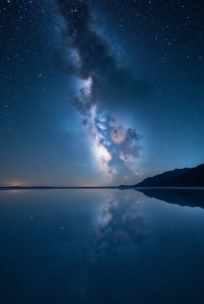 Uyuni Salt Flats at night。star々The sky is filled with light、The light spreads vividly across the lake like the Milky Way.、The light reflects on the lake surface、A fantastic view unfolds。There is not a single breeze on the lake surface.、star々It perfectly reflects the light of。In the silence、Feel the mystery of nature