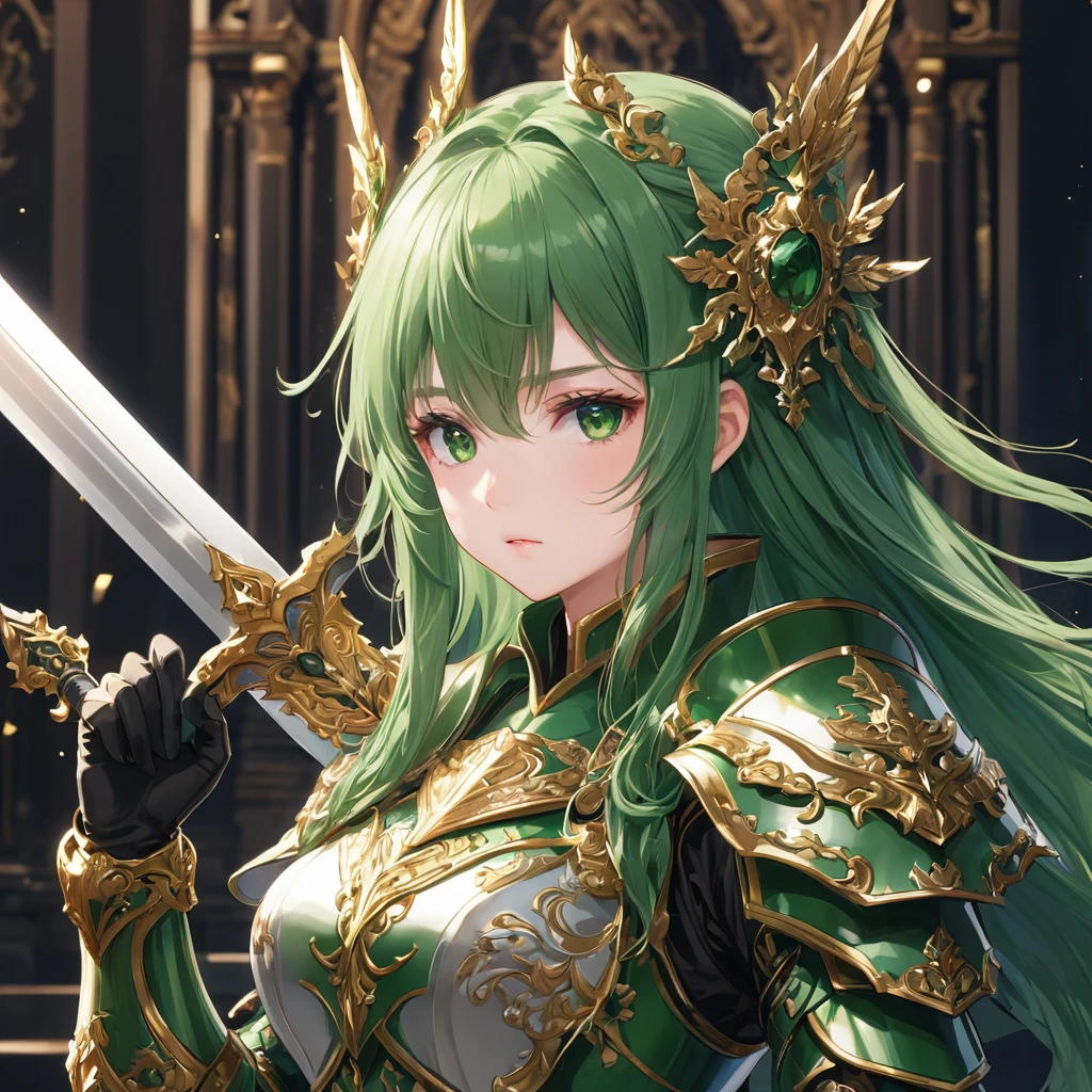 One girl,alone,anime,whole body, From feet to head、Classy girl,Armored,Holding a sword,anger,(embedded:Unaesthetic XLv13.Safety Tensor:1.2),(embedded:Negative XL_is.Safety Tensor:0.8),(masterpiece,Highest quality,Ultra_detailed,High resolution,Absurd:1),(masterpiece, Highest quality, Highest quality, beautifully、aesthetic),Ultra-detailed,Very delicate and beautiful,beautiful detailed face,澄んis顔,Best illustrations,extremely detailed eyes and face,wonderful,detailed and intricate,Best image quality, beautifully繊細な背景,beautiful detailed, Green armor