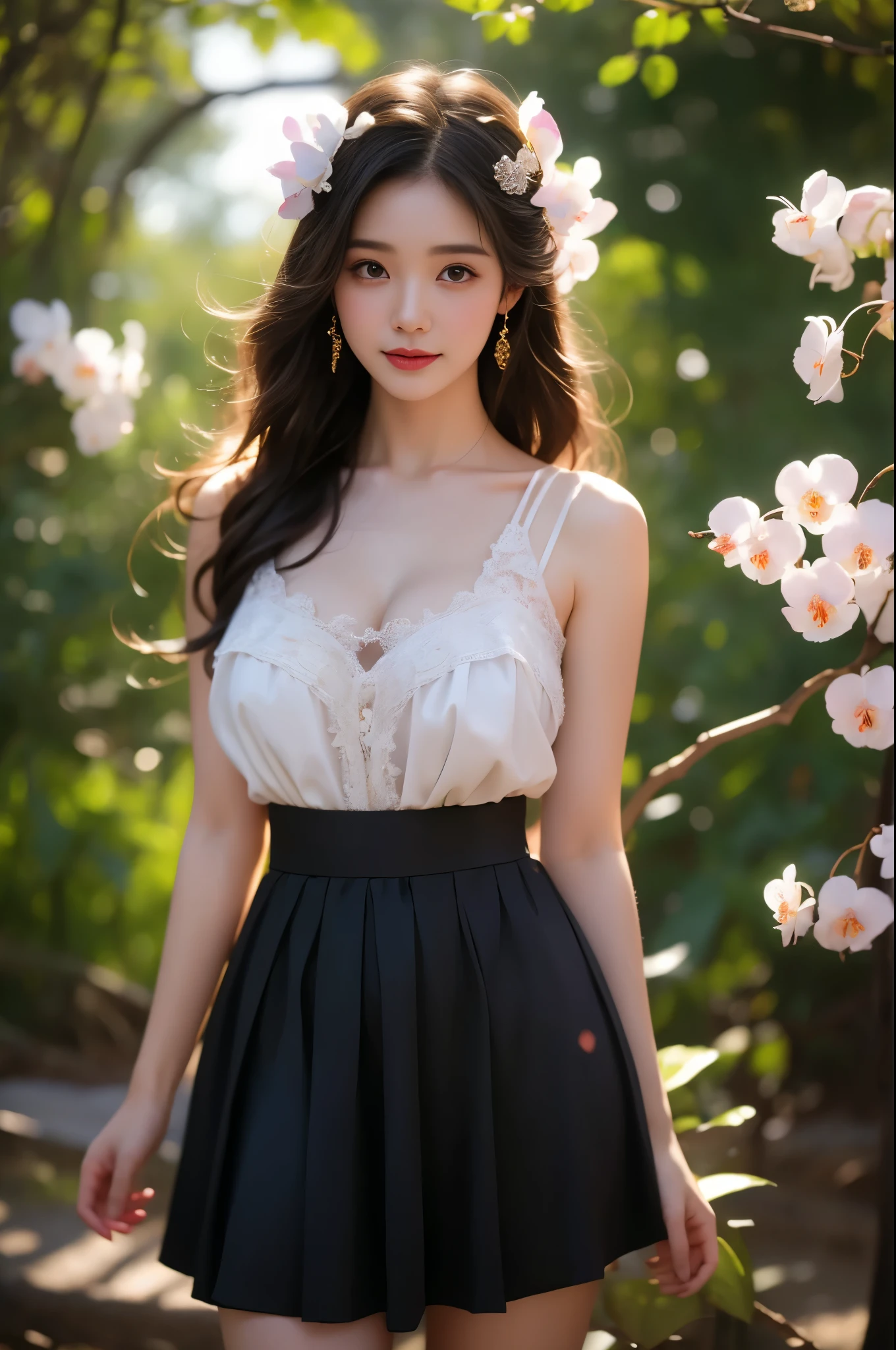 virgin killer outfit(quality improvement:1.4),1girl, Full breasts,Visible cleavage,Sexy long legs,The skirt is short,She gently lifted her skirt with one hand,Surrounded by white Phalaenopsis orchids,Lilac dendrobium、White Lily, Flying petals,(Top quality leather), Delicate face,Black Hair, Gradient hair, Body,(Body1.1), He has a precious gem on his forehead., Shining Student,Long eyelashes,Smile, Surrealism, Movie Lighting, Projection Insertion, Surrealism, Ultra HD, masterpiece,lie,Keep dreaming,Open your legs slightly.,Tattoo,Fantasy Space,Luxurious space,Exquisite makeup,Blush,Shy expression