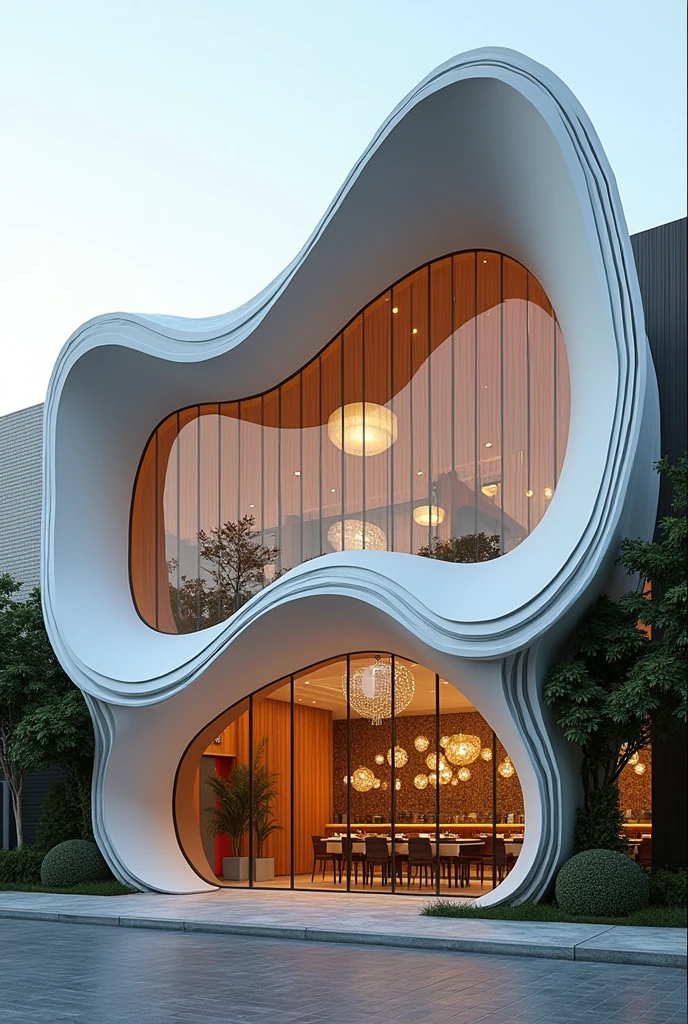 Postmodern design in iran facade of restaurant , shell of paper design , 7.5 meter width, 22 meter height, front view, one sided  , high quality rendering architecture, greenness, in iran,cinematic, luxury architecture facade view