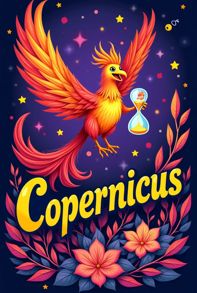 Purple background with a colorful drawn phoenix holding an hourglass, written in yellow with a black outline on top "Copernicus" in larger size with stars