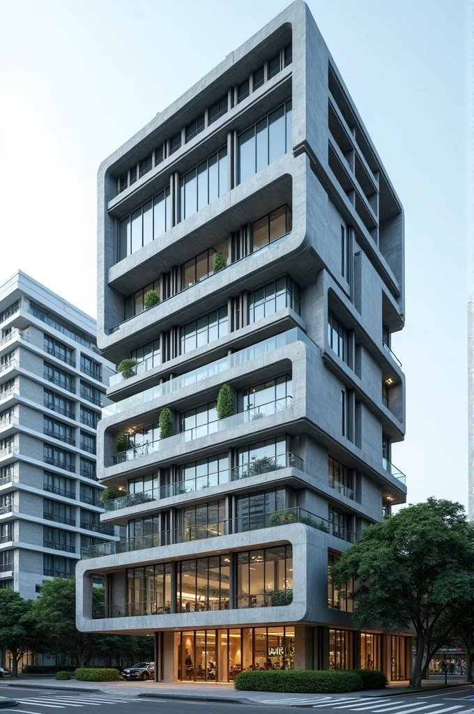 Create a building with 7,009 square feet and in Singaporean design and a concrete on the building written OIL AND GAS