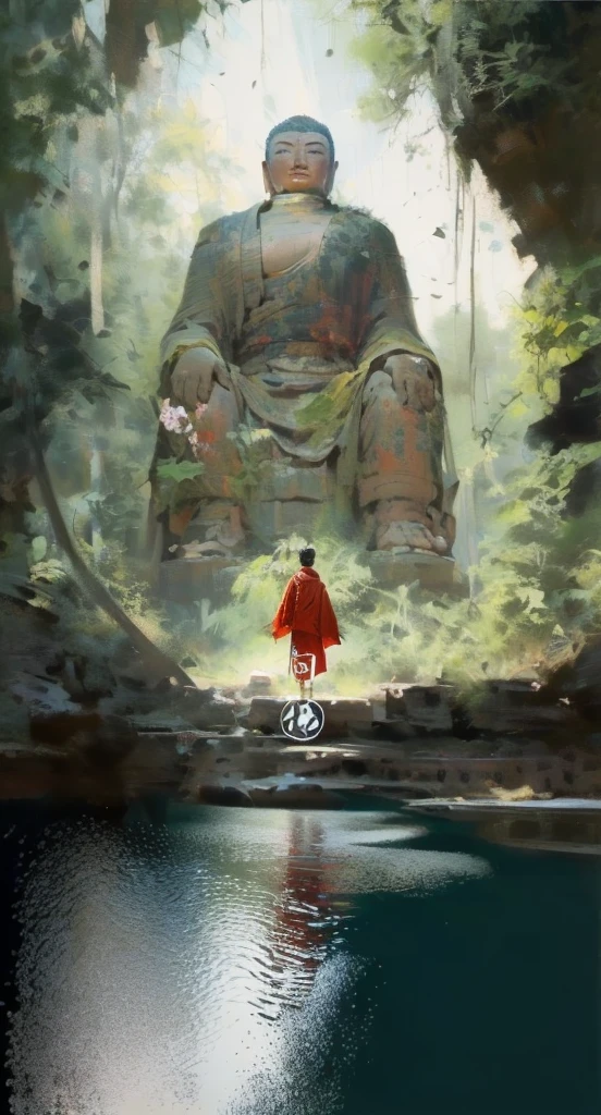 painting of a man in a red robe standing in front of a large buddha statue, by Han Gan, by Bayard Wu, by Li Zai, guweiz masterpiece, makoto shinkai and tom bagshaw, the buddha, by Raymond Han, traditional japanese concept art, by Yang J, buddhism, by Ma Shi, by Pu Hua, by Ruan Jia
