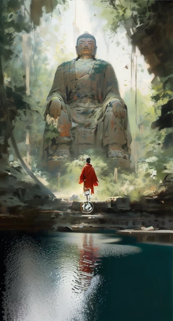 painting of a man in a red robe standing in front of a large buddha statue, by Han Gan, by Bayard Wu, by Li Zai, guweiz masterpiece, makoto shinkai and tom bagshaw, the buddha, by Raymond Han, traditional japanese concept art, by Yang J, buddhism, by Ma Shi, by Pu Hua, by Ruan Jia