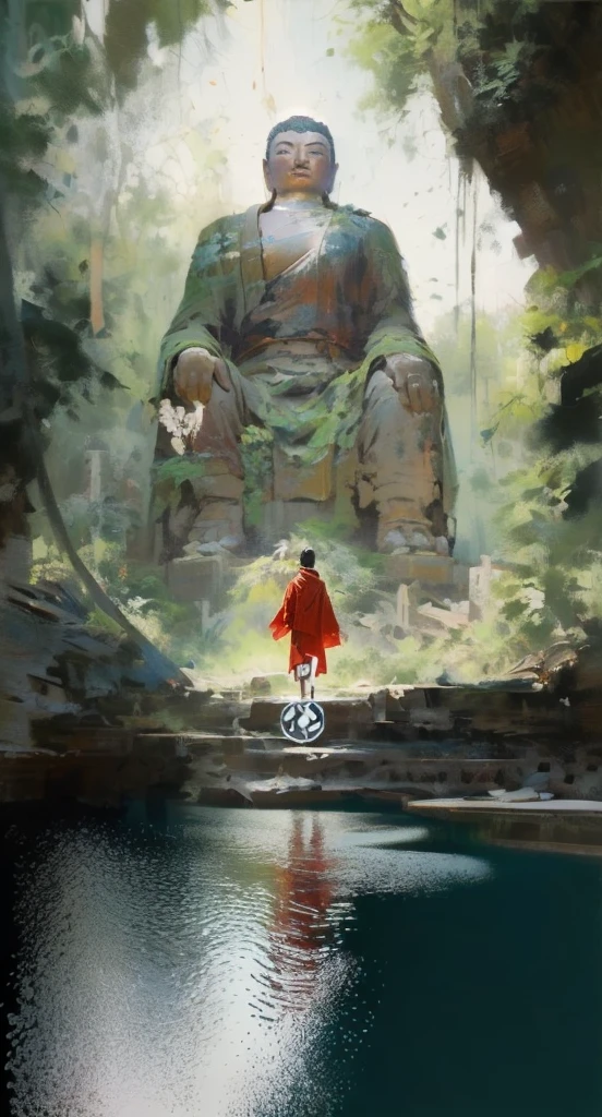 painting of a man in a red robe standing in front of a large buddha statue, by Han Gan, by Bayard Wu, by Li Zai, guweiz masterpiece, makoto shinkai and tom bagshaw, the buddha, by Raymond Han, traditional japanese concept art, by Yang J, buddhism, by Ma Shi, by Pu Hua, by Ruan Jia