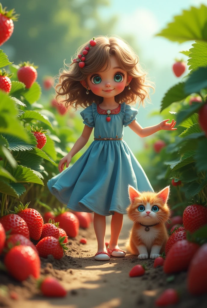 A girl with blue eyes in blue flock playing in strawberry garden and she found a little cat with strawberry skin in the strawberry garden