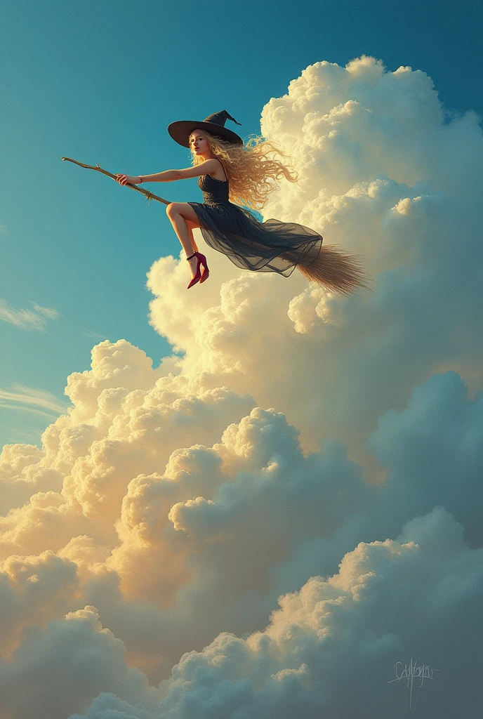 Sky Painting、From summer clouds to autumn clouds、A little witch in the space on the top right、Flying towards me、Long curly blonde hair, bright red nails and high heels、Wearing a witch's hat、Riding a flying broom、Winking