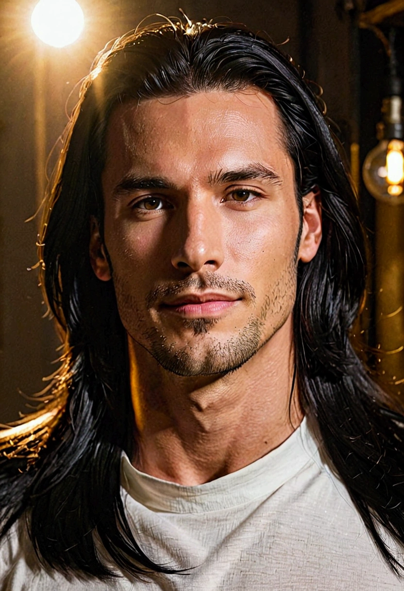 1 man, handsome man, black hair, long hair, straight hair