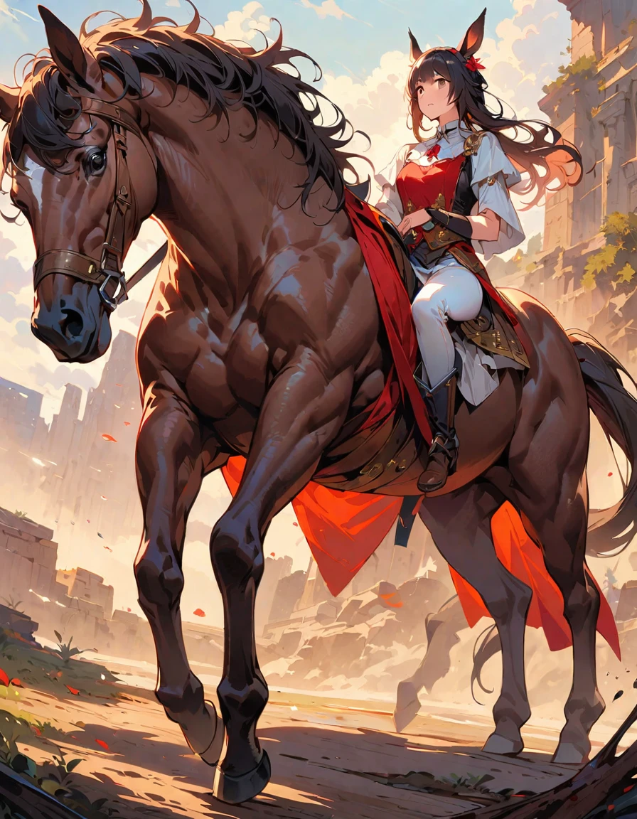 Young beautiful woman,(Highest quality,Extremely detailed depiction,Incredibly absurd high resolution,Anatomically accurate depiction),Centaur,The upper body is a human female,The lower body is a horse&#39;s body,Black latex,Large Breasts,Competing,Racecourseで走っている:1.3,background:Racecourse