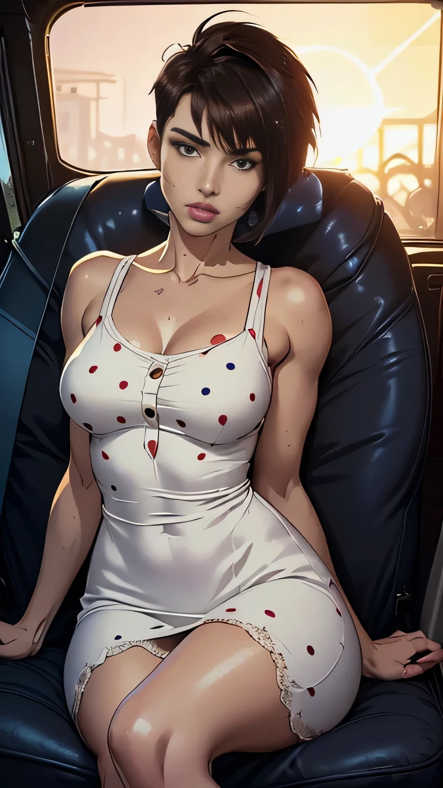 photo of mlp Meowko, RAW, beautiful woman, ((portrait)), ((detailed face:1.2)), ((anime face, anime facial feature, clear skin, glossy anime lips, clear skin), (short messy lesbian haircut, brunette: 1.55), (perfect proportioned body, Strong, muscular, narrow waist, narrow hips, skinny, large breasts), (she is wearing A cute white sun dress with lots of cherries polka dots all over, Red boots), sitting in the front seat of a baby blue vintage car, (realistic photo, best quality, detailed), (8k wallpaper), (cinematic lighting, beautiful light, (afternoon:1.3)) (sharp focus, intricate)
