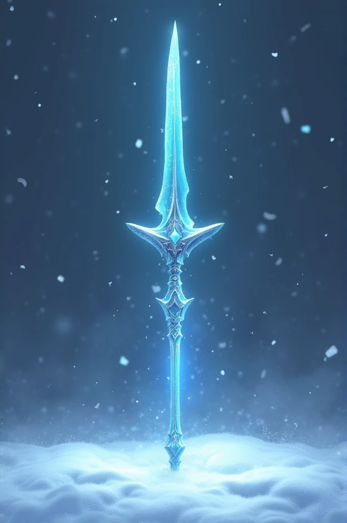 Generate picture of a Glaive Polearm of blue colored blade and silvered white colored shaft. Background is to be of snow falling, snow land 