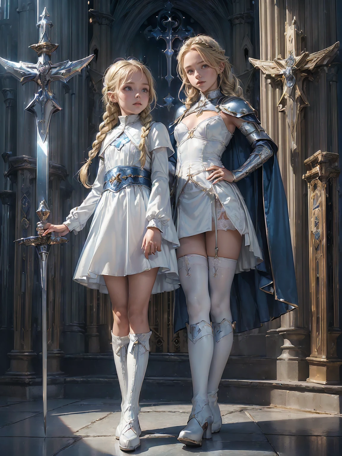 (((fantasy, cathedral:1.4))), (((midnight:1.4))), masterpiece, best quality, ultra-detailed, high resolution, extremely detailed cg, 8k, beautiful detailed eyes, depth of field, perfect anatomy, super detailed skin, cinematic lighting, dynamic lighting, anime picture, shiny hair and skin, detailed outfit, 【break】, ((cowboy shot, looking down , standing, zettai ryouiki,((A ung girl swordsman, holding a 1sword in one hand, stylish poes:1.3)), (((a 1girl is , child, little young girl age8, soro:1.6))), 【break】, ((afterglow)), (((blonde hair, Braided hair:1.3))), (beautiful detailed blue eyes), white-skinned, (((child short stature, child body shape, young face, cute face, small breasts, slim:1.4))), , wizard, ((Pure white silk, white blouse:1.3)), ((blue mini skirtt, blue mantle:1.4)), ((White knee-high stockings:1.2)), ((white short boots)), (( cleavage cutout, Breastplate of silver metal, light armor of silver metal:1.2)),