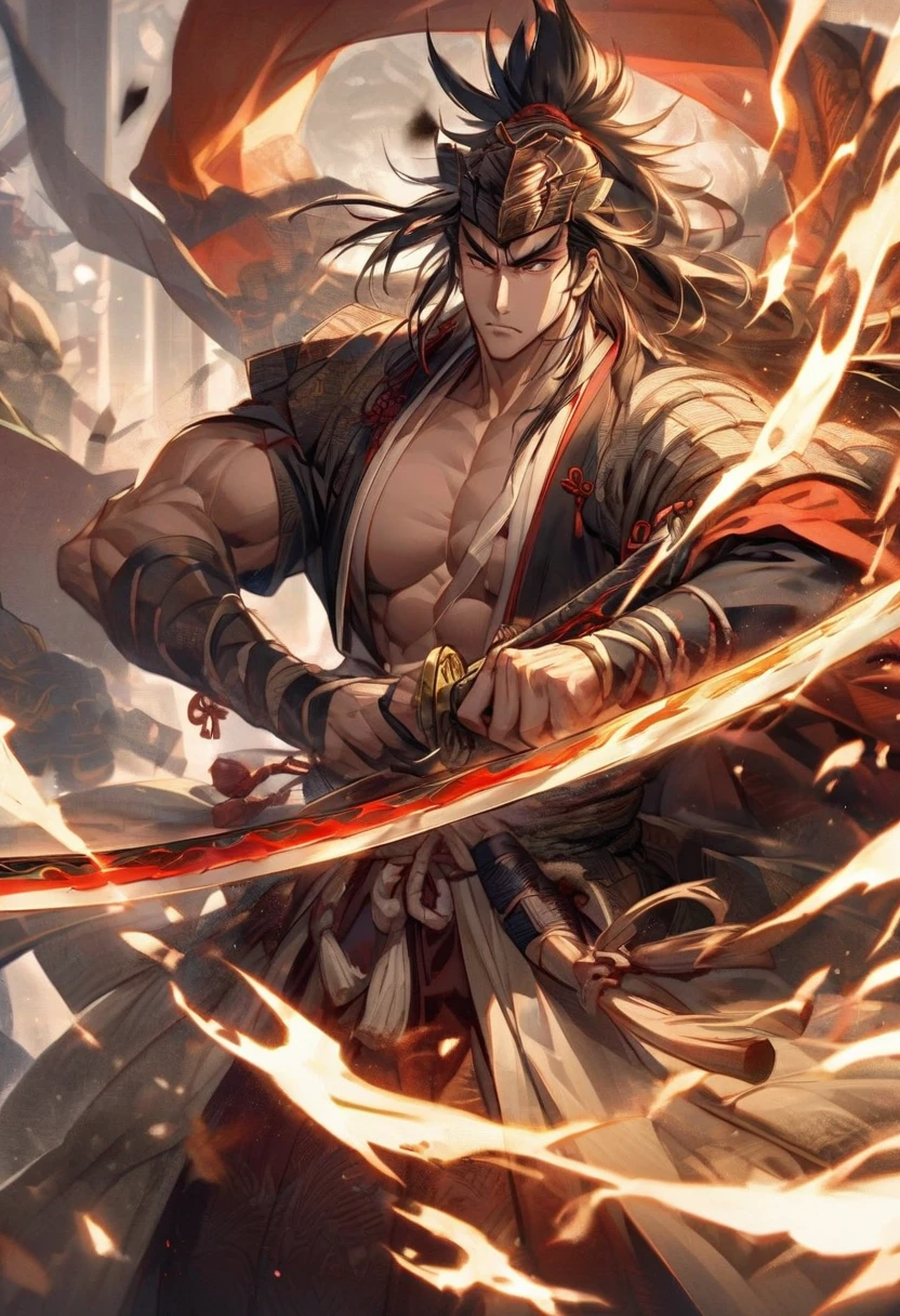 A powerful samurai warrior from the Sengoku period, known as the wielder of the 'Invincible Sword.' He stands with a muscular physique, holding a gleaming katana. His muscles are well-defined, highlighting his strength and skill. The sword is intricately detailed, suggesting hidden secrets within its blade. The background is dark and mysterious, adding to the aura of the legendary weapon and its master."