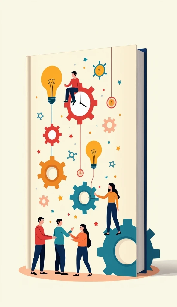 Create a minimalist and modern book cover focusing on "Life Skills." The design should feature vibrant colors and symbols representing key life skills such as communication, problem-solving, time management, and emotional intelligence. Include visual elements like gears, light bulbs, and human figures interacting in collaborative activities. The background should be clean and simple, allowing the symbols to stand out prominently, evoking a sense of empowerment and growth. The overall aesthetic should be inspiring and educational. No text should be included on the cover.
