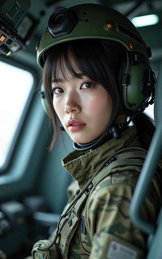 Photo-real, Ultra-realistic, (1 Korean female soldier,Super beautiful face, Super white face), (fully armed), (Wearing Army paratrooper camouflage uniform,Wearing a military helmet:1.5), Large breasts, (Tactical Vest, Military wiring harness:1.3), (Military boots:1), (In a complex aircraft cockpit,Prepare to fly the plane for takeoff,Rush out of the fire), Close-up of a complex aircraft control panel with buttons and devices,Science Fiction,high tech,advanced,Special Forces,Spectacular, Helicopter Fighter