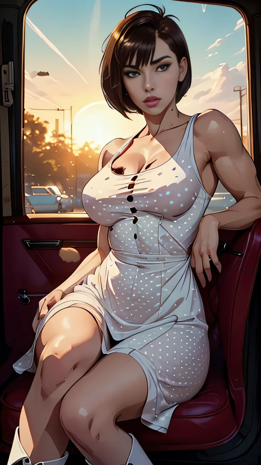 photo of mlp Meowko, RAW, beautiful woman, ((portrait)), ((detailed face:1.2)), ((anime face, anime facial feature, clear skin, glossy anime lips, clear skin), (short messy lesbian haircut, brunette: 1.55), (perfect proportioned body, Strong, muscular, narrow waist, narrow hips, skinny, large breasts), (she is wearing A cute white sun dress with lots of cherries polka dots all over, Red boots), sitting in the front seat of a baby blue vintage car, (realistic photo, best quality, detailed), (8k wallpaper), (cinematic lighting, beautiful light, (afternoon:1.3)) (sharp focus, intricate)