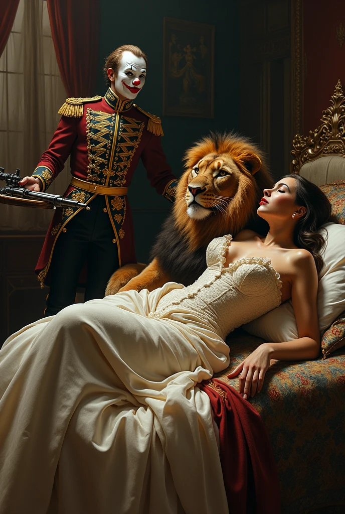 Beautiful woman in baroque clothes lying on a bed, A lion passes his tongue over his body, A clown-faced soldier offers him a tray with a weapon on it