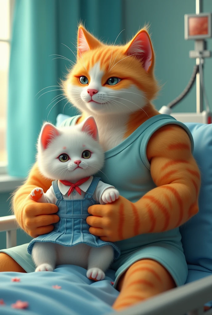  hospital bed me ek hath me drip chad rhi ek muscular rainbow cat lets h or uski god me ek white kitten jisne school dress pehni h bethi h or muscular cat use dekh k muscura rha h seen ek hospital ka h jha white kitten k face udas h or muscular rainbow cat muscura rha h 