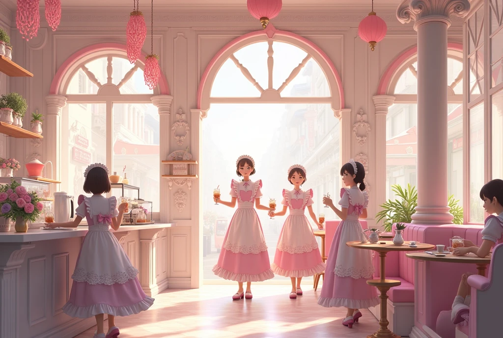 The interior of a maid cafe in town、white、pink、Drink