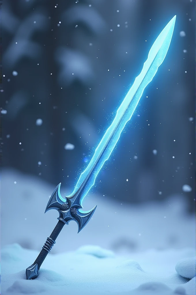 Generate picture of a Glaive Polearm of blue colored blade and silvered white colored shaft. Background is to be of snow falling, snow land 