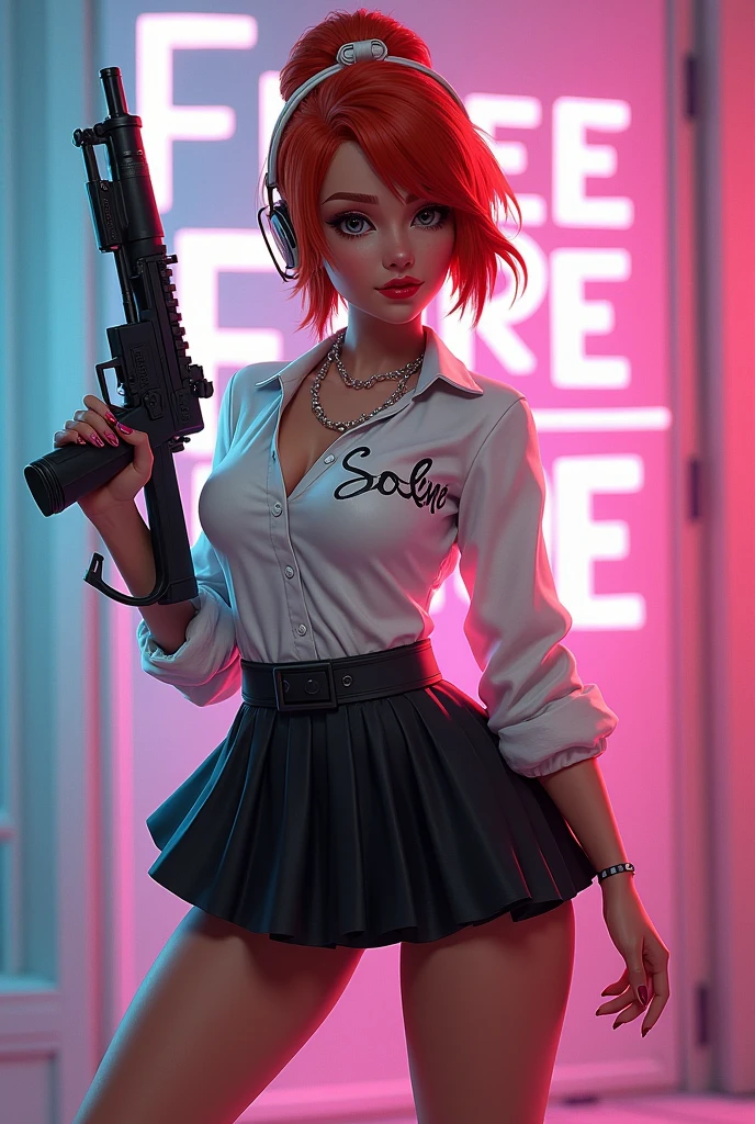 Freefire game style character all stylish, of skin jambo, short medium copper red hair, dark brown eyes, wearing red lipstick, wearing a white blouse with the name SOLENE and a black skirt, high white shoes, holding an mp5 and making a very beautiful pose, with colored background and the name of the game FREEFIRE behind.