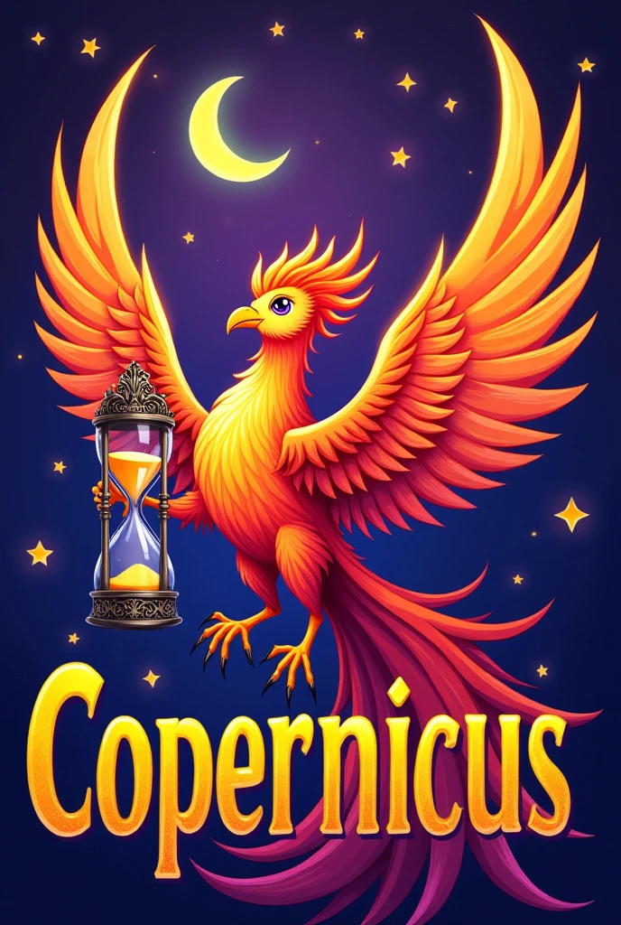 Purple background with a colorful drawn phoenix holding an hourglass, written in yellow with a black outline on top "Copernicus" in larger size with stars