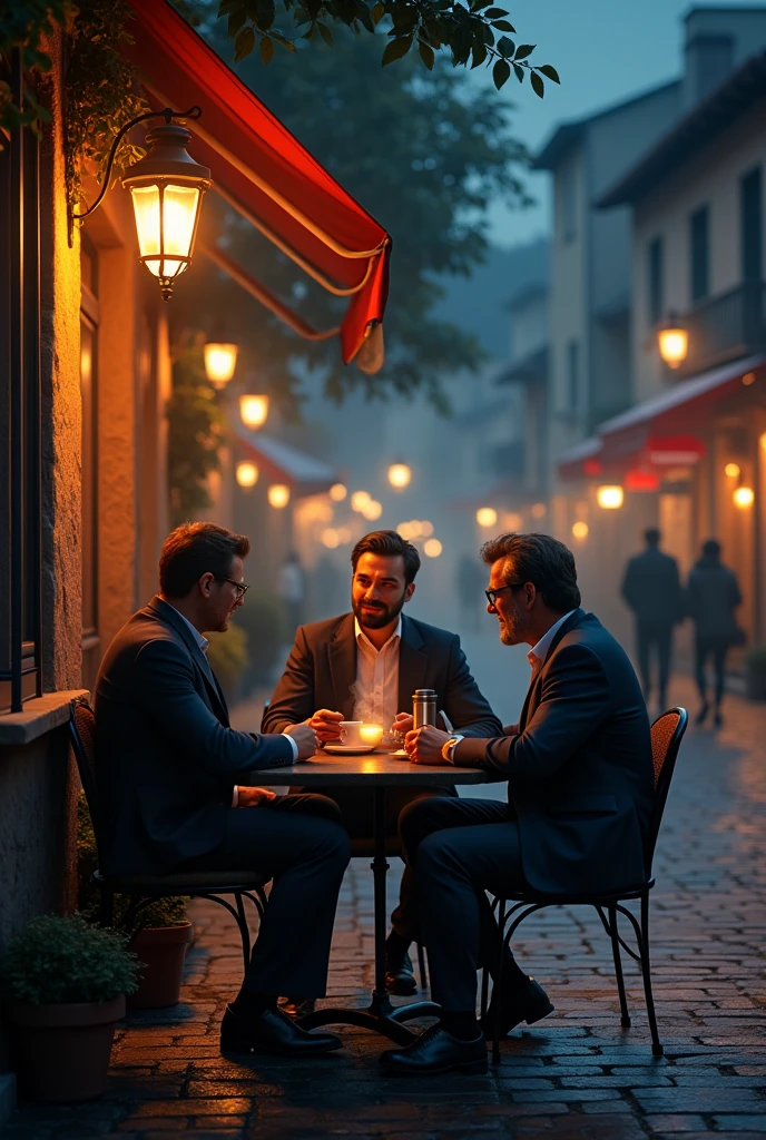 Men Chill and drinking some coffee at night town street