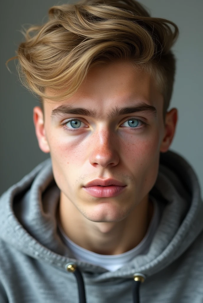 physically-based rendering, extreme detail description, blond man, neat hair, ((short hair)), beautiful detailed eyes, handsome detailed lips, caucasian man, natural lighting, stylish haircut, well-groomed appearance, ((blue eyes)), german, (((no facial hair))), (((grey hoodie))), quality, ((Highschool student)), ((narrow nose)), ((blond)), (((young man)), ((tan))