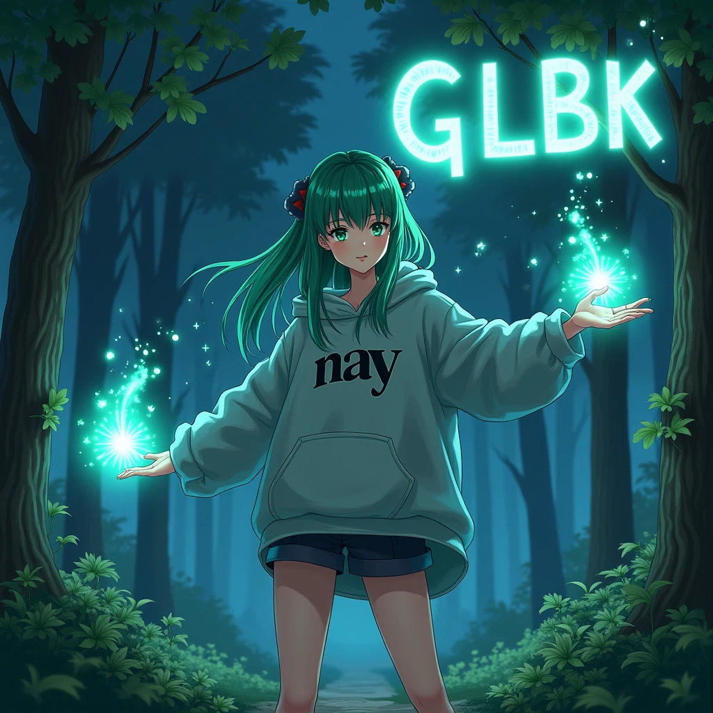 Create a character anime, {background: capital text: “GLBK” in right-top, night forest}, tanned skin,
realistic, HDR, beautiful, japan style, full body, use magic, age 20, hoodie HD text: “Nay”, female, green hair