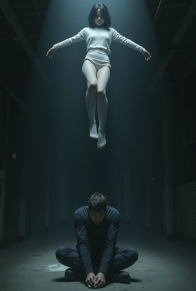 Scene of female student wearing white thigh high socks hanging herself to death ,hovering in the air , a man sitting on the ground in panic 