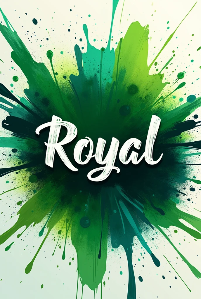 a multicolored paint splash, green dominant, a beautifully painted text "Royal" in the center with accidental paint spray, abstract, dynamic, vivid colors, high quality, 8k, photorealistic, professional digital art