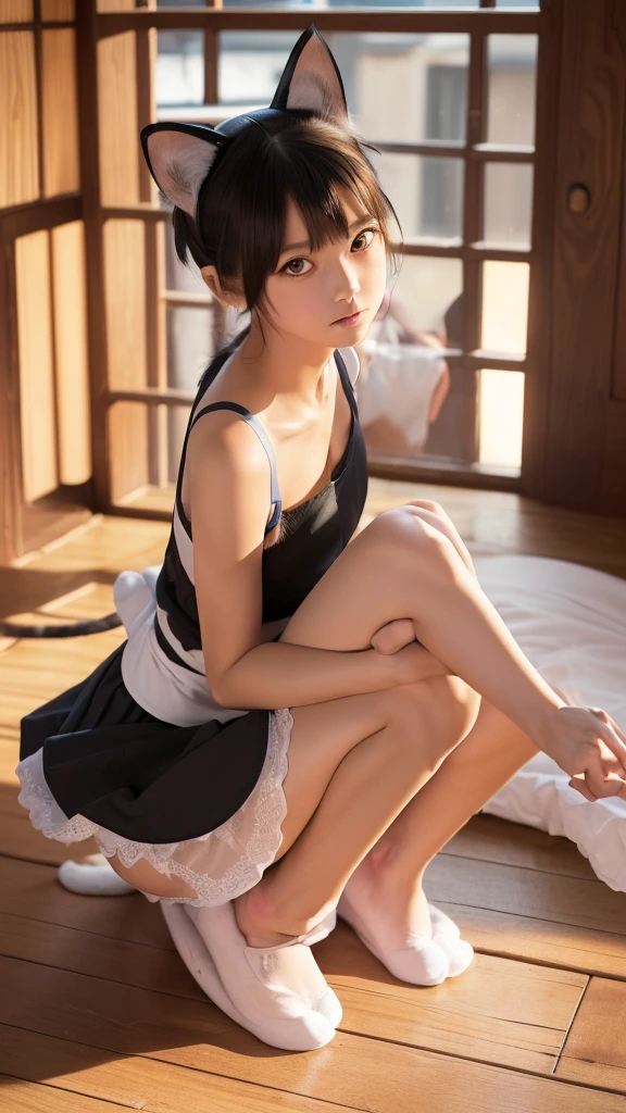 Perfect body,(1人のPerfect body),(Japanese 6th grade girl),(Cat-eared maid:1.5),(Open-legged position),(I can see your shoulders:1.5),(Open leg posture:1.5),(8k images),(Panties:1.5),(Cat ears fashion),(high resolution)