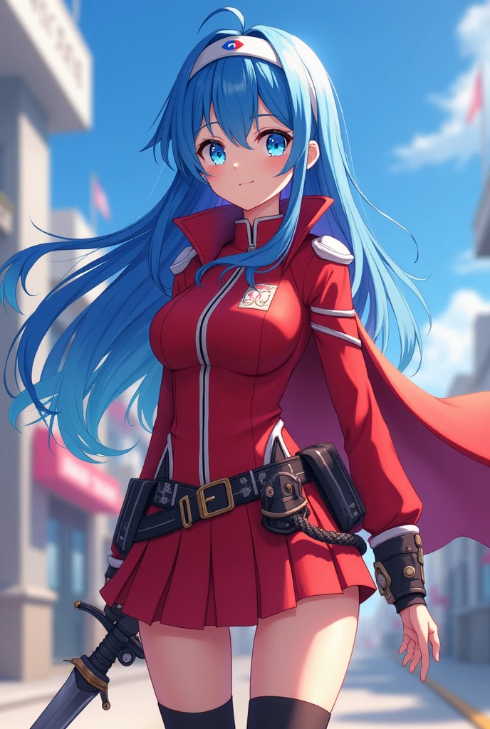 Her hair and eyes are blue。Long hair、It has air intakes and no bangs.。
Wearing a red long-sleeved adventurer&#39;s uniform。Wearing a white headband、Tied up behind the back。The skirt is short。Wearing a red waist cape。wearing black knee highs。Has a sword on his waist。
A reliable woman with a bright personality。
