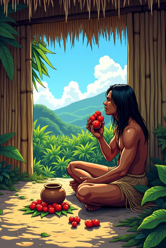An indigenous man with his eyes closed, wearing no upper garments, with long straight hair, eating red fruits from a clay pot, his lower garment is made of straw and leaves, he is inside his simple house made of straw and bamboo, at the bottom of the image you can see the door, the blue sky, and some plantations, comic book style, the scene has vibrant and very striking colors.