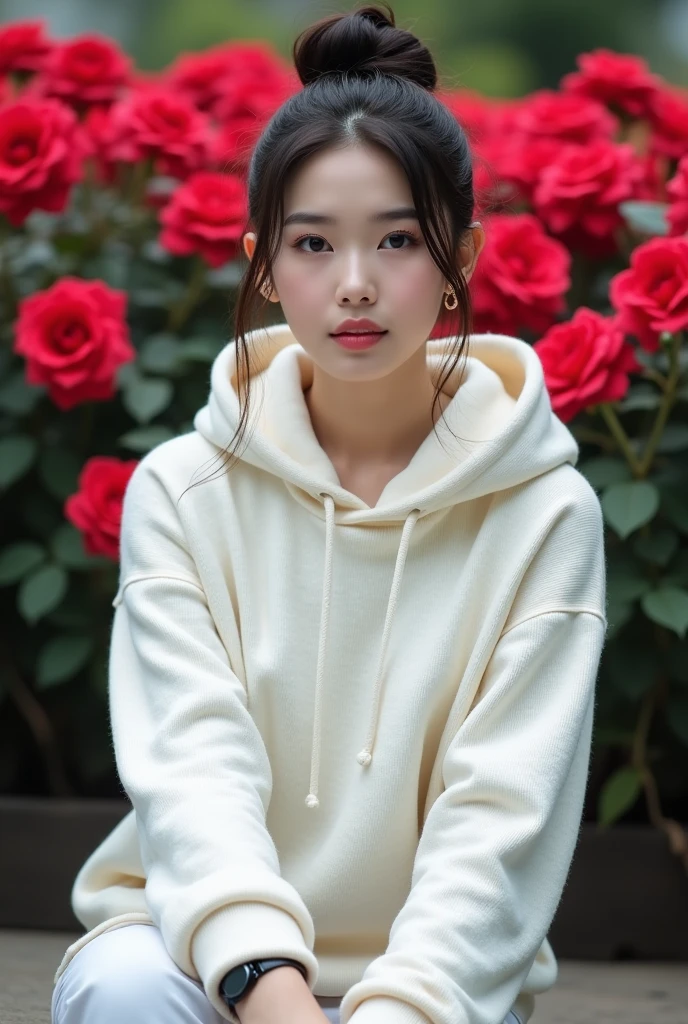 a beautiful Indonesian woman, smooth white skin, well-groomed face,Korean style hair bun, ,wearing a white knitted hoodie, brand name (feel ) celana kargo putih, slow motion ,black watch, white shoes, Sitting pose, di samping bunga mawar, red heart color. which flowers beautifully and thickly. Rose garden background, beautiful very amazing .Realistic original photo