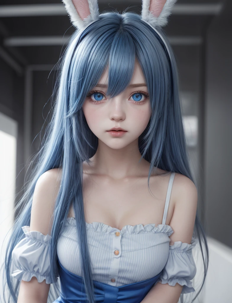 1 , longye hair, blushful, blue colored eyes, bangs between eyes, bunny ears, Modo Kemonomimi, アニメ, high resolution, Masterpiece artwork, precise, best qualityer, high qualiy, detail,