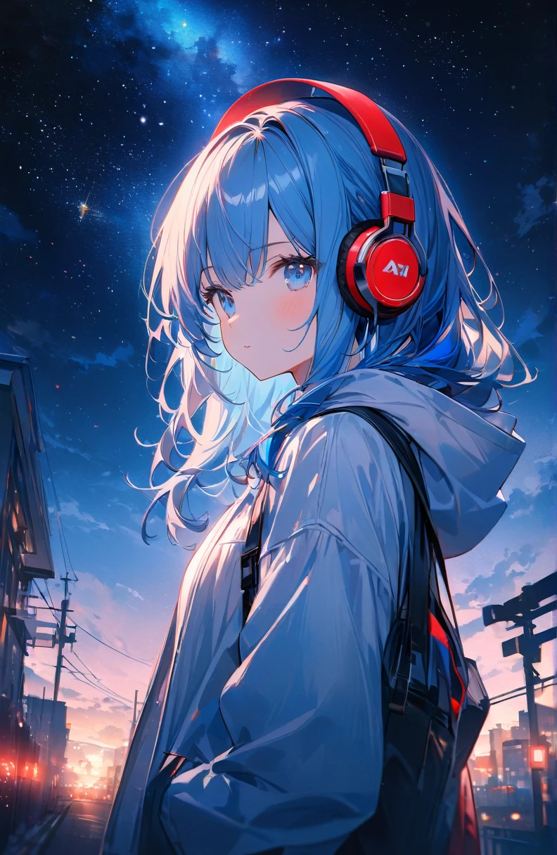 ((Amazingly absurd)),超High resolution, Attention to detail, high quality, High resolution, 最high quality, 4K, 8k、1 pretty girl、Blue Hair、White hoodie、Red headphones、blue eyes、Night view、Starry Sky