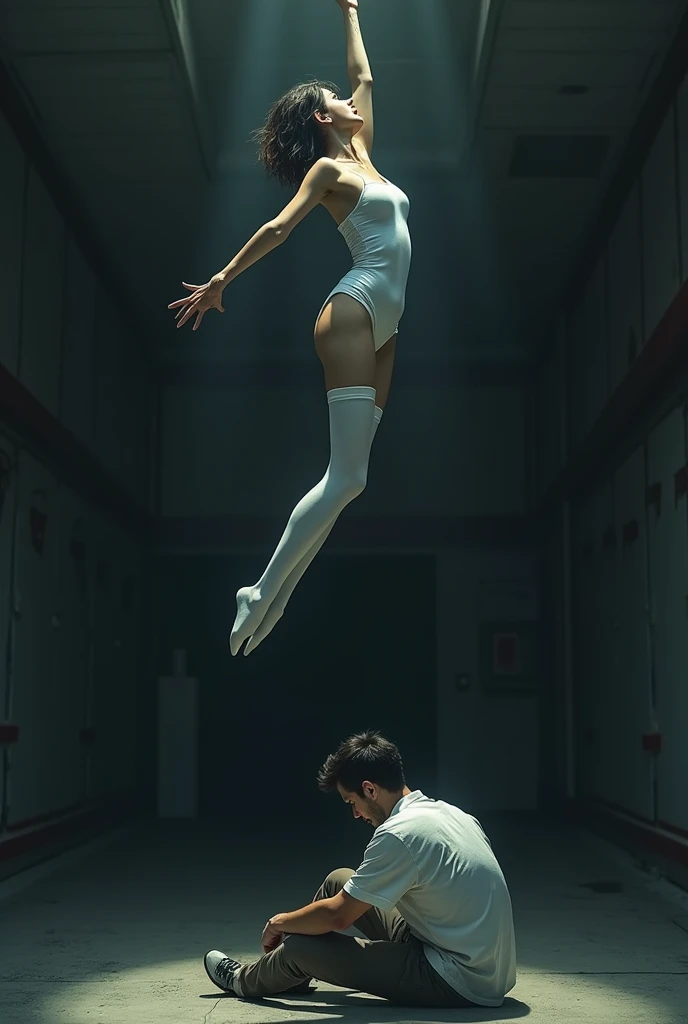 Scene of female student wearing white thigh high socks hanging herself to death ,hovering in the air , a man sitting on the ground in panic 