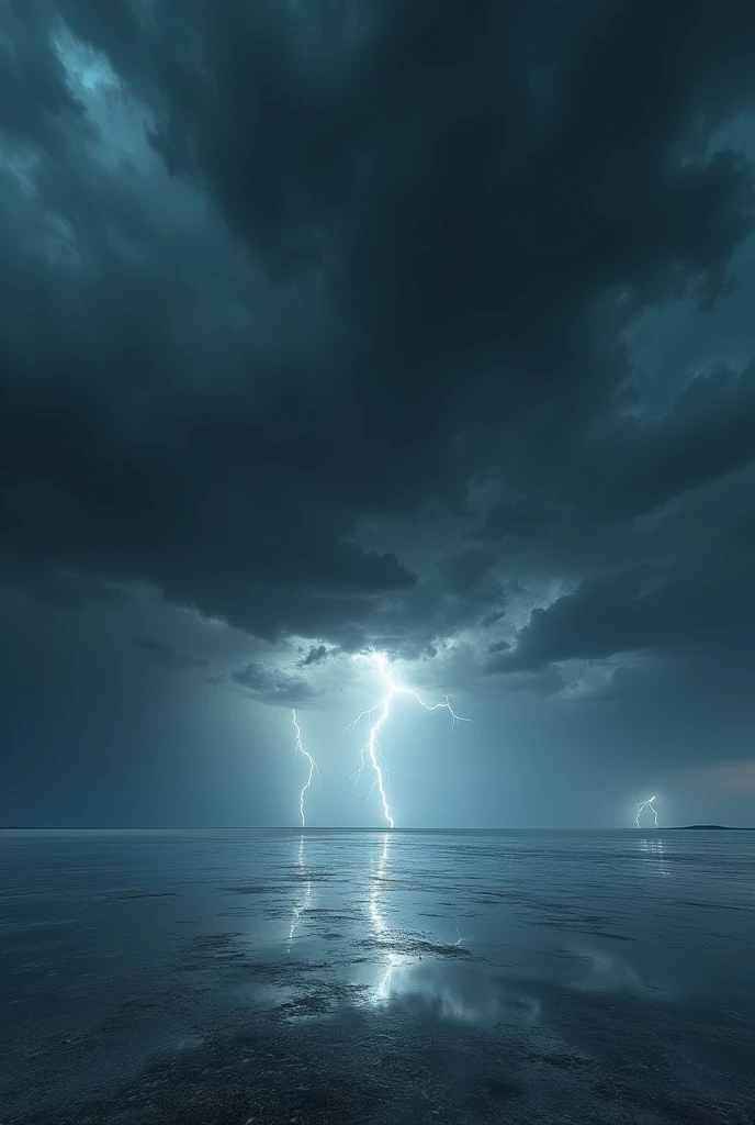 A storm approaches the Uyuni Salt Flats。Black clouds spread across the sky、Lightning flashes in the distance。The lake surface is still as calm as a mirror、The air is tense。A little bit of light shines through the gaps in the clouds、It gives the lake an eerie beauty.。The calm before the storm、Feel the power and beauty of nature